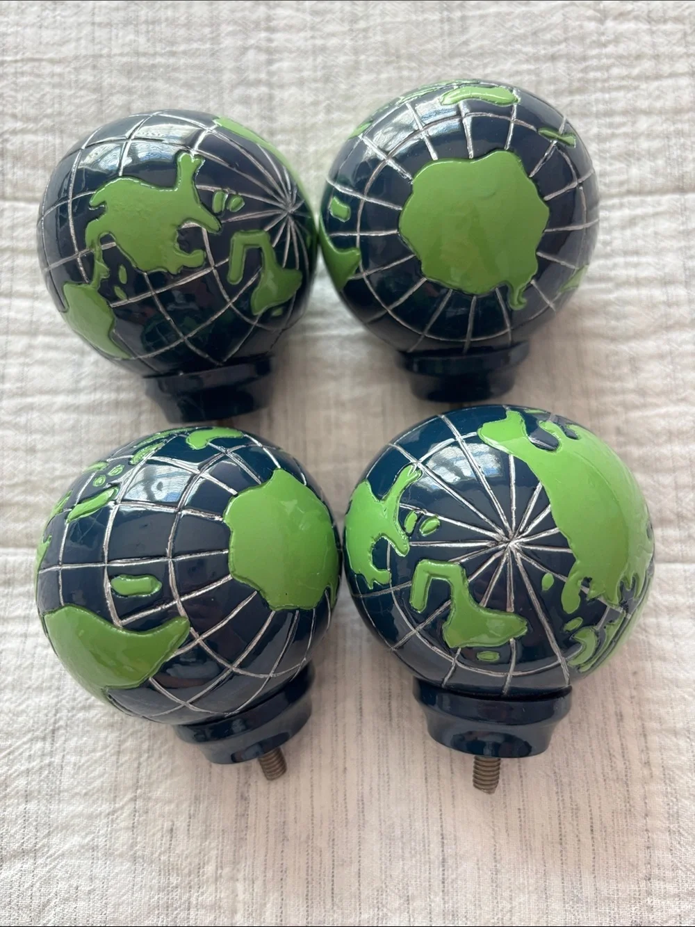 Pottery Barn Kids Nickel Curtain Rods with Green & Blue Globe Finials
